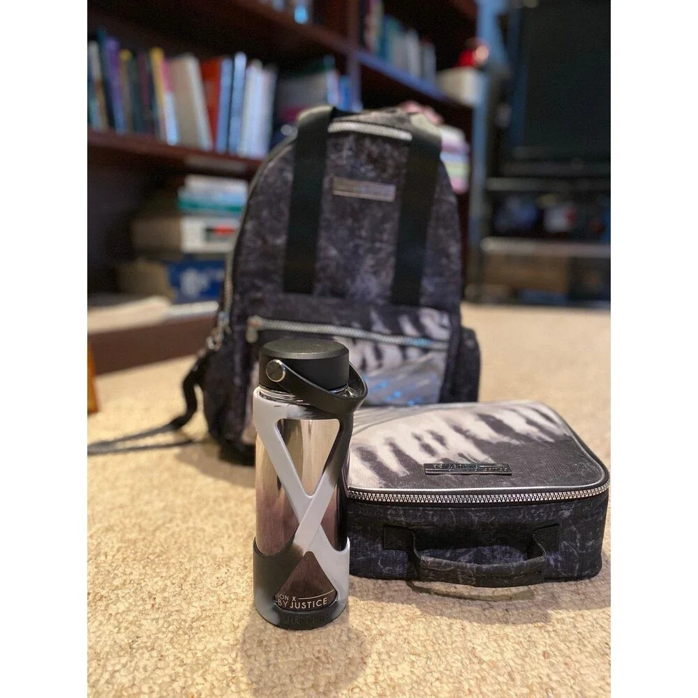 Justice Backpack Set Collect X  3Pc Tie Dye Bl n Wt Silver lunch box bottle NWOT